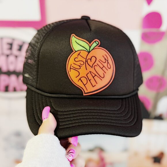 Just Peachy Trucker Hat – Black Hat with Peach Patch Graphic - Picture 1 of 6